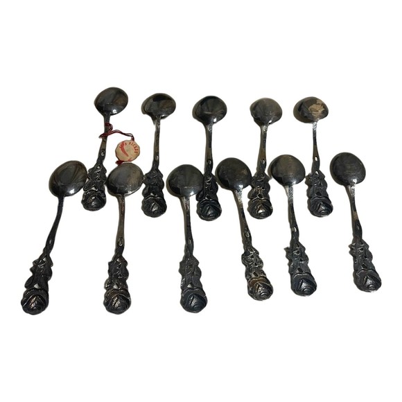 Vintage Antiko 100 Silver Bon-Bon Coffee Spoon Rose Handle 11 Piece Set Germany - Picture 2 of 7